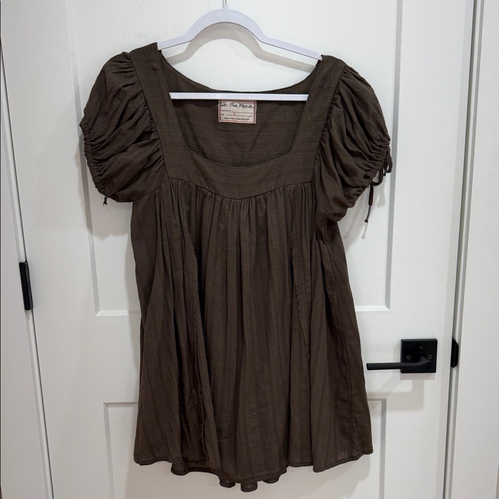 We The Free Chocolate Brown Puff-Sleeve Peasant Mini dress